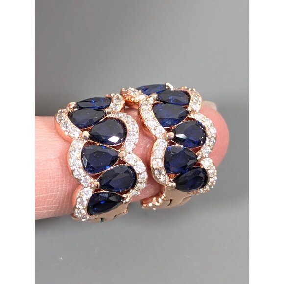 Bomb Party Faux Sapphire CZ Rose Gold Tone Hoop Huggie Earrings Pierced - Picture 8 of 10